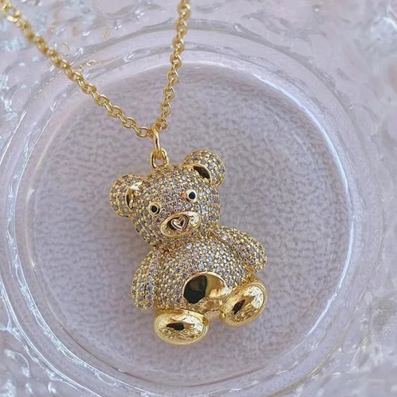 Jewelry - Beautiful‎ Gold Teddy Bear Crystal Necklace, Bling, Cute for Wife, Daughter